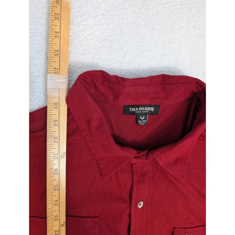 True‎ Religion Men's XL Triple Needle Knit Button Up Shirt Red S/S Double Pocket